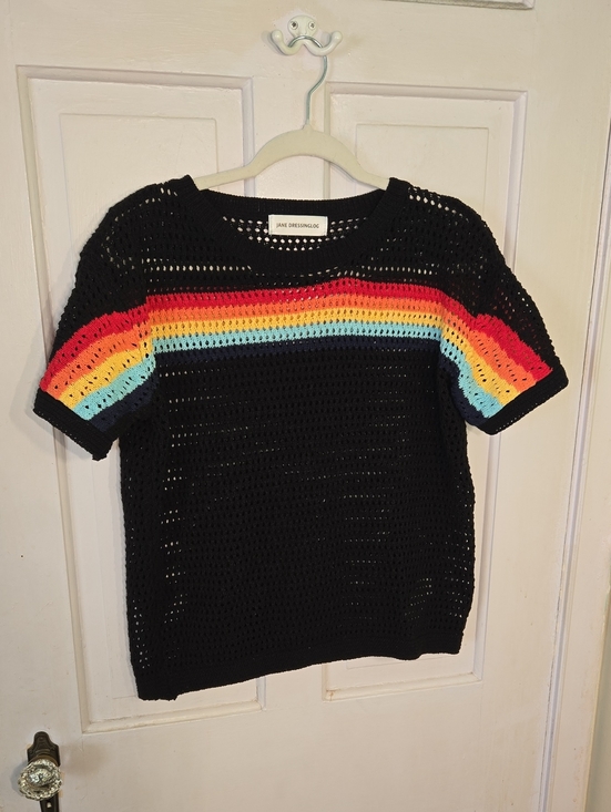 jane dressinglog Tops - Jane Dressinglog Black Crochet Short-Sleeve Top with Rainbow Stripes Size XL